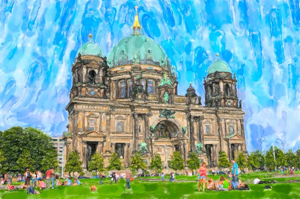 Watercolor illustration of  Berlin Cathedral. People resting at