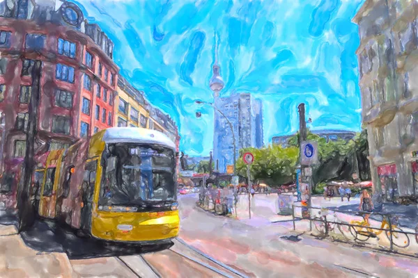 케이블 카 트램의 수채화 그림. — 스톡 사진