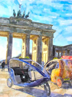 Watercolor illustration Brandenburg Gate in Berlin. tourist bike clipart