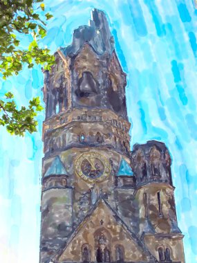 Kaiser Wilhelm Memorial Church Berlin. Su rengi ıllustrati