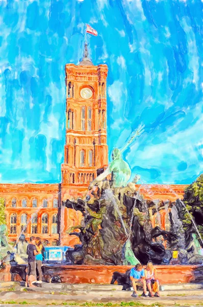 Watercolor illustration Berlin town hall at Alexanderplace. peop