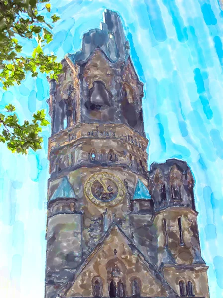 Pamětní kostel císaře Viléma v Berlíně. Vodní barevná ilustratarština — Stock fotografie
