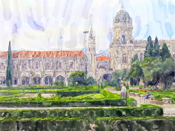 Vodní barva ilustrace kláštera Hieronymites v Lisabonu — Stock fotografie