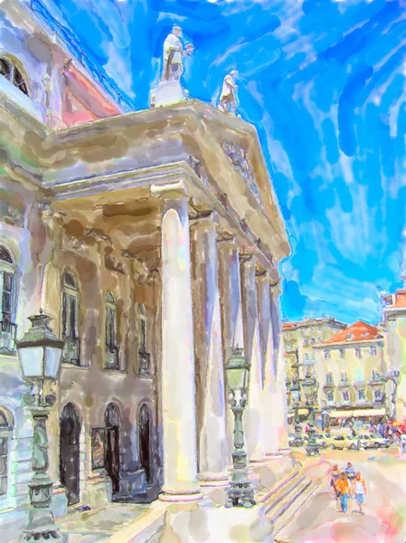 Stadsbeeld van Lissabon met het nationale theater in Rossio place in — Stockfoto