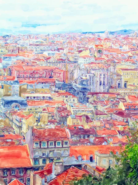 在葡萄牙首都里斯本的阿里亚景观。水彩插画家 — 图库照片