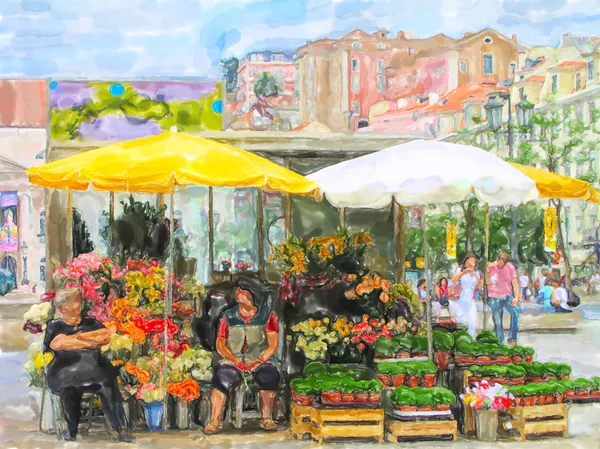 Illustration of flower market stall at Lisbon place names Rossio