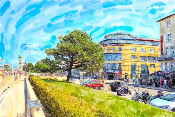 Illustration av Östersjö staden Warnemunde med fyr på PR — Stockfoto