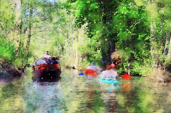 Ilustração Aquarela Digital Floresta Spreewald Brandemburgo Alemanha Barcos Turísticos Canal — Fotografia de Stock