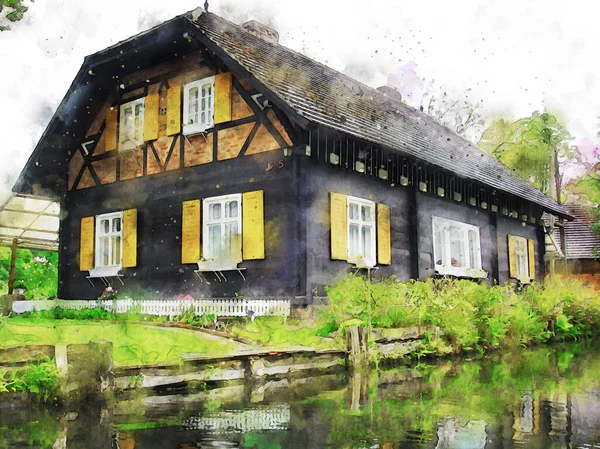 Cyfrowa Ilustracja Akwarela Lasu Spreewald Brandenburgii Niemczech Tradycyjny Drewniany Dom — Zdjęcie stockowe