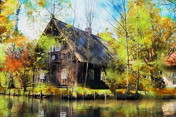 Cyfrowa Ilustracja Akwarela Lasu Spreewald Brandenburgii Niemczech Tradycyjny Drewniany Dom — Zdjęcie stockowe