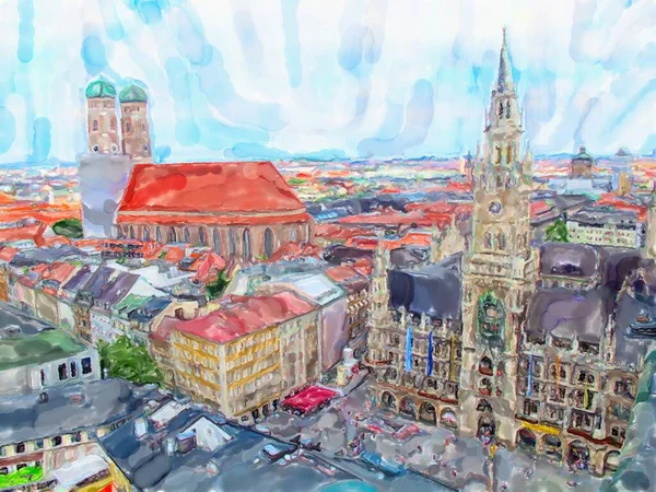 Akvarell Illustration Marienplatz Münchens Stadsbild Flygvy — Stockfoto