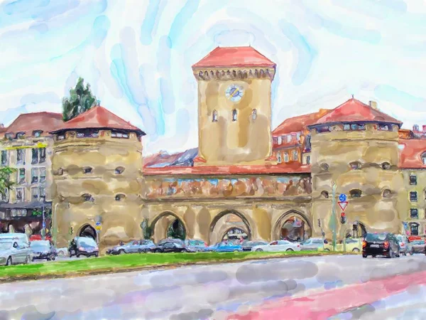 Watercolor Illustration Isar Tor Town Gate Munich Germany — Stock Photo, Image