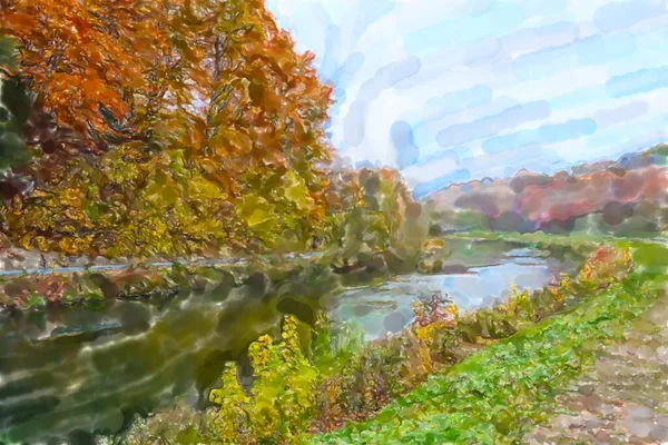 Watercolor Illustration Isar River Nature Autumn Time Germany — Stock Photo, Image