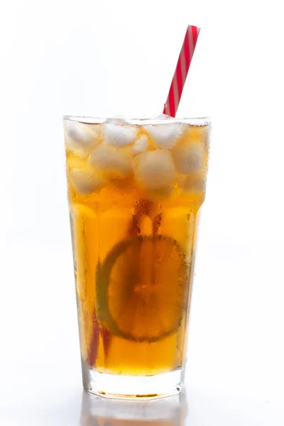Iced Tea Straw Ice Cubes Sliced Lemon White Background — Stock Photo, Image