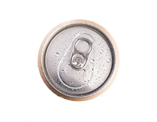 白い背景に水滴が隔離された冷たい缶のトップビュー — ストック写真