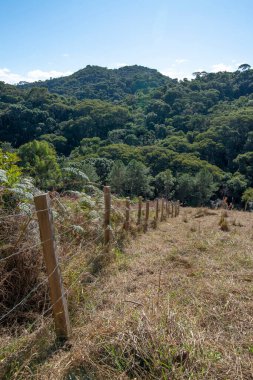 Ormanın yakınındaki tepeden geçen eski tel örgüler..