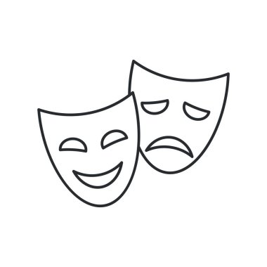 Komik ve hüzünlü tiyatro maskeleri, vektör lineer simgesi beyaz arka plan üzerinde.