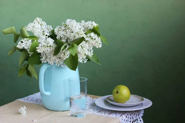 Blooming White Lilac Jug Bouquet Flowers Vase Still Life Rustic — Stock Photo, Image