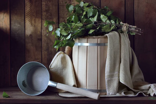 Bath Broom Made Birch Wooden Bucket Russian Bath Close Hat — Stock Photo, Image