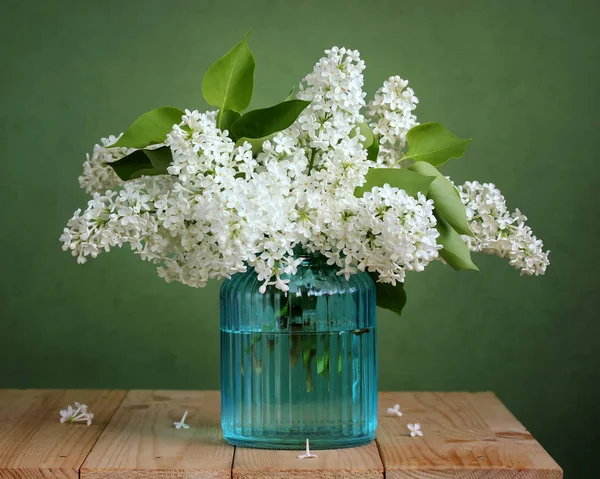 Boeket Van Witte Lila Stilleven Met Bloemen Een Glasvaas — Stockfoto