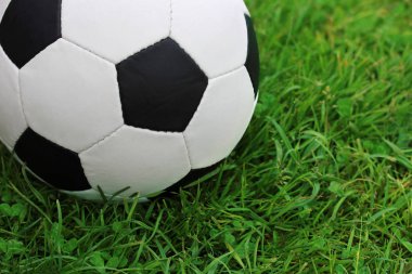 Futbol siyah ve beyaz balosu yakın çekim yeşil çimenlerin üzerinde. Metin sağ için boş yer.