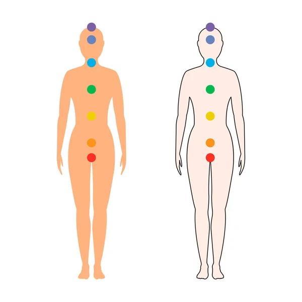 女性身体的脉轮 一个女人的剪影七色的神圣点 矢量插图 — 图库矢量图片