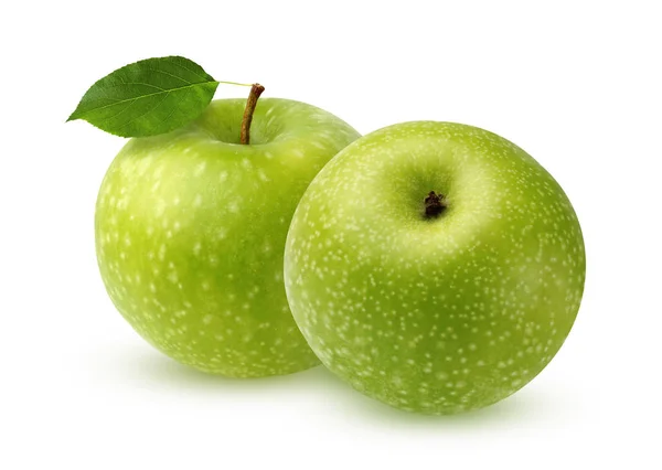 Manzana Verde Con Hoja Aislada Sobre Fondo Blanco Dos Frutas —  Fotos de Stock