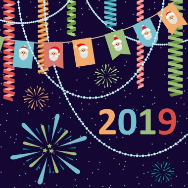 Yeni yıl ya da Noel geçmiş. 2019. Kartpostal ile Noel Baba, boncuk, flamalar ve havai fişek ile bayrak bayrak. Düz stil selamlar. Festival arka plan. Vektör çizim.