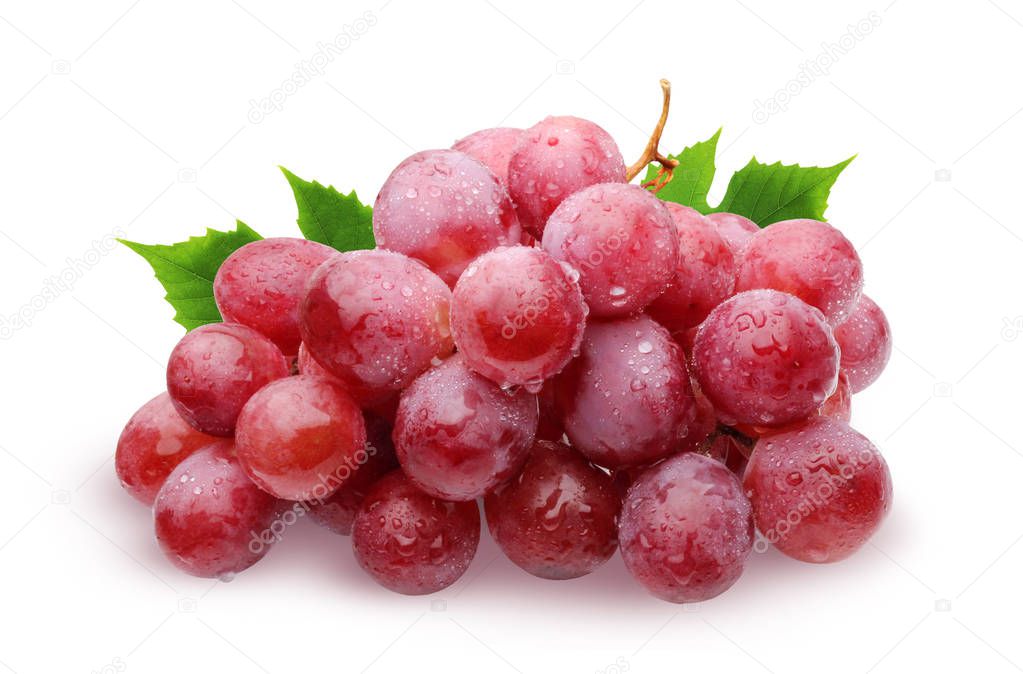 Bunch of red grapes with water drops with leaves, isolated on white background with shadow.