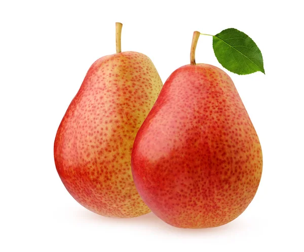 梨被隔离在白色背景 两个完整的水果 带阴影叶子的红黄梨 — 图库照片