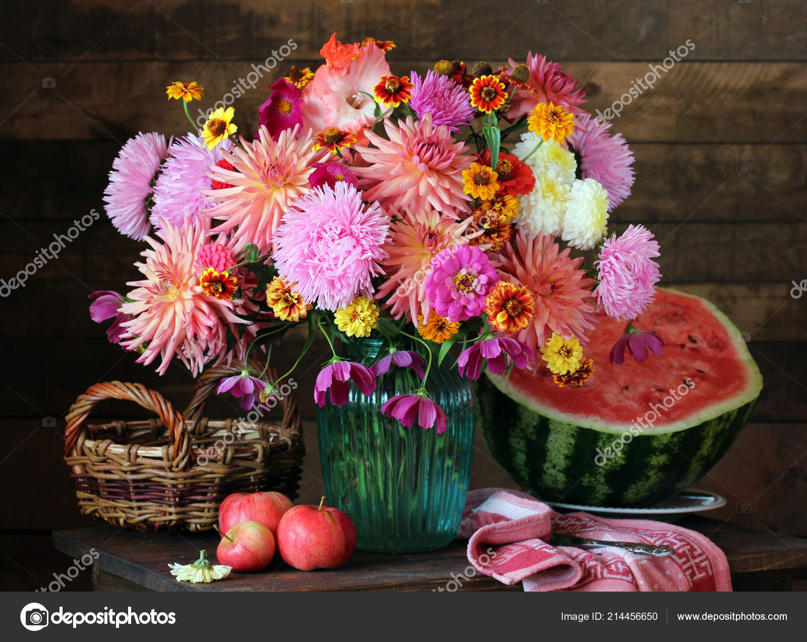 Autumn Still Life Bouquet Asters Dahlias Vase Watermelon Apples