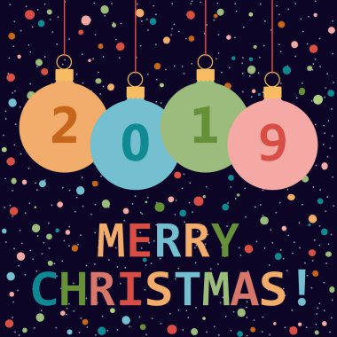 Mutlu Noeller! 2019 tarafından yeni yıl tebrik kartı. Selam, Noel topları ve konfeti ile şenlikli arka plan. Vektör düz çizim.
