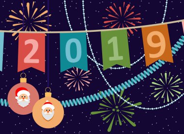 2019. yeni yıl veya Noel arka plan bayrak, boncuk, flamalar ve Noel topları Noel Baba ile bir afiş. Tebrikler, kartpostal. Vektör çizim.