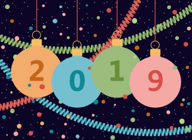 Yeni yıl 2019 tarafından tasarım tebrik kartı. Kıvrıla kıvrıla, Noel topları ve konfeti ile şenlikli arka plan. Vektör düz çizim.