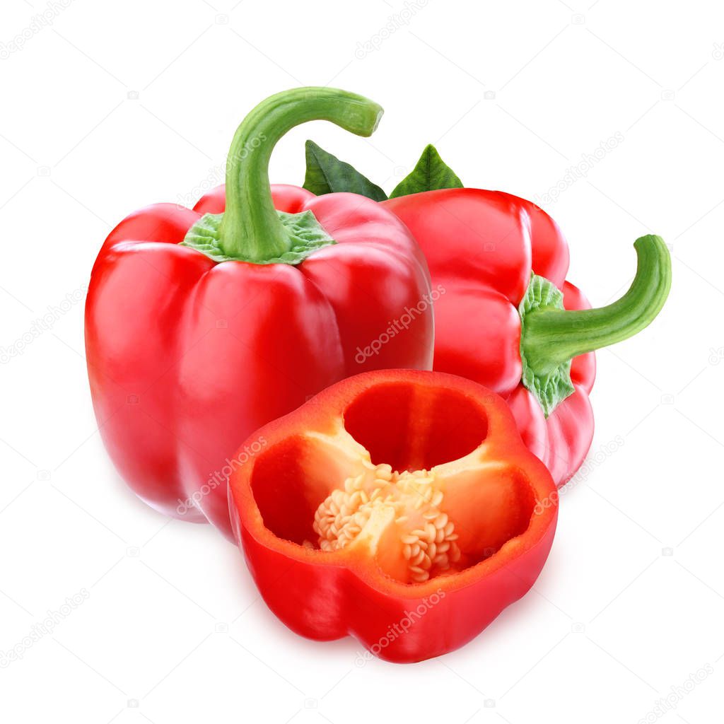 red sweet bell pepper isolated on white background. One whole vegetable and half sliced.