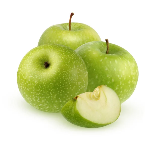 Manzanas Verdes Aisladas Sobre Fondo Blanco Ramo Tres Frutas Enteras —  Fotos de Stock