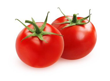 Beyaz arka plan üzerinde izole olgun domates. Sepals ile iki tüm sebze.