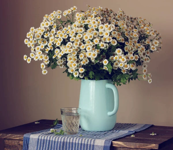 Tuin Madeliefjes Een Blauwe Kruik Een Houten Tafel Stilleven Met — Stockfoto