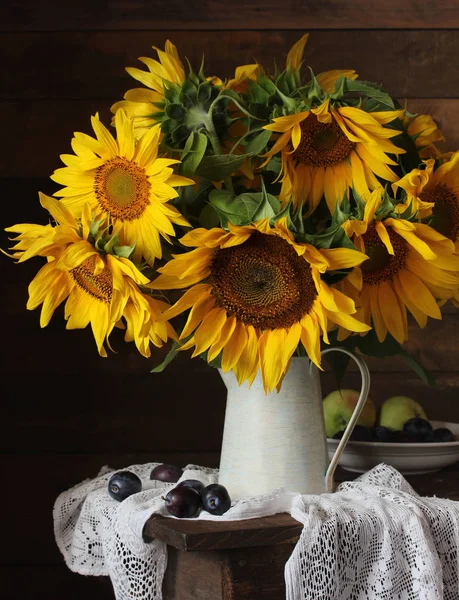 Still Life Bouquet Yellow Sunflowers Plums Apples Flowers Jug Wooden — Stock Photo, Image