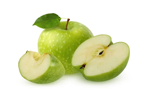 Grönt Äpple Med Löv Isolerad Vit Bakgrund Hel Frukt Hälften Stockfoto