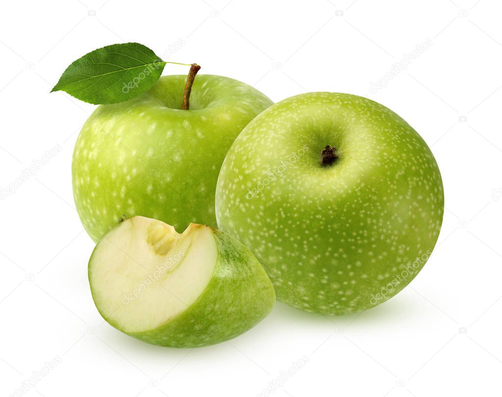 Green Apple with leaf, isolated on white background. two whole fruit and slice with shadow.