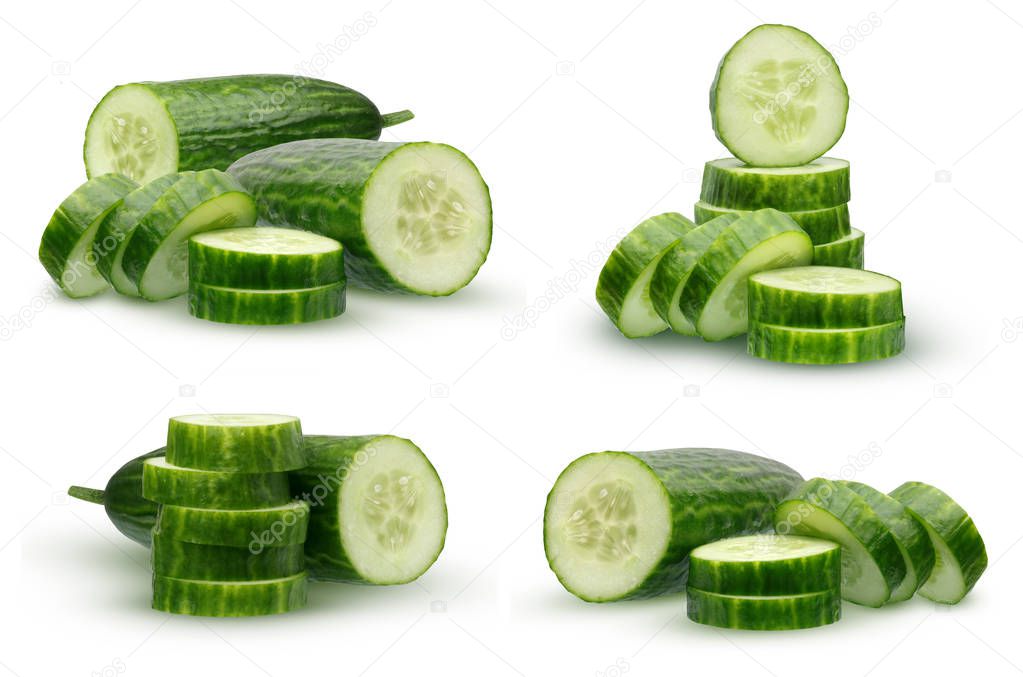 Collection cucumber with smooth skin, isolated on white background. half of cucumber and slices.