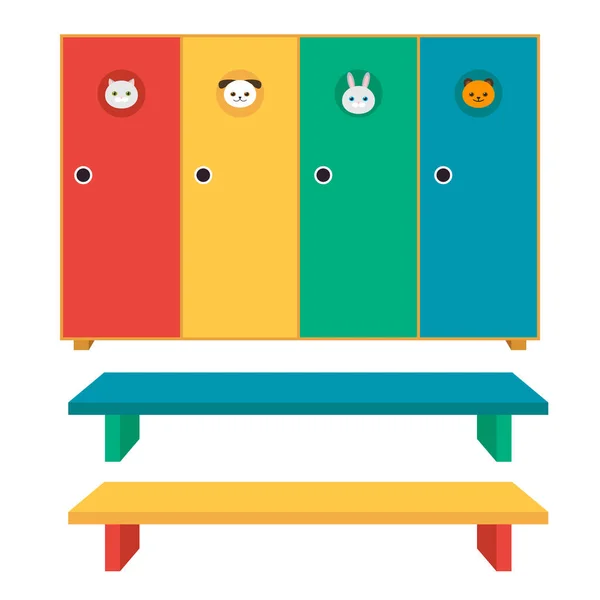 幼稚園用家具 ロッカー 白い背景の上のベンチ ベクター カラー イラスト — ストックベクタ