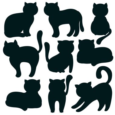 Kedi. Kedi siluetleri düz simgeler kümesi. Vektör çizim. Kitty, Evcil hayvan. Beyaz arka plan üzerinde siyah özetliyor.