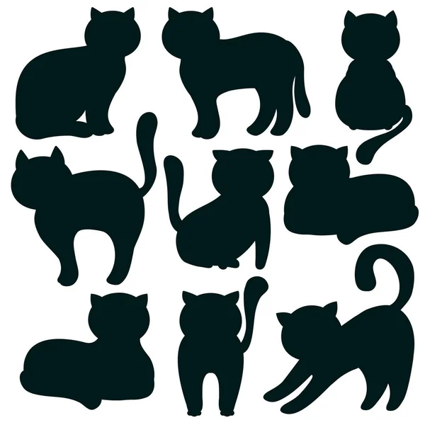 Chat Ensemble Icônes Plates Silhouettes Félines Illustration Vectorielle Kitty Pets — Image vectorielle