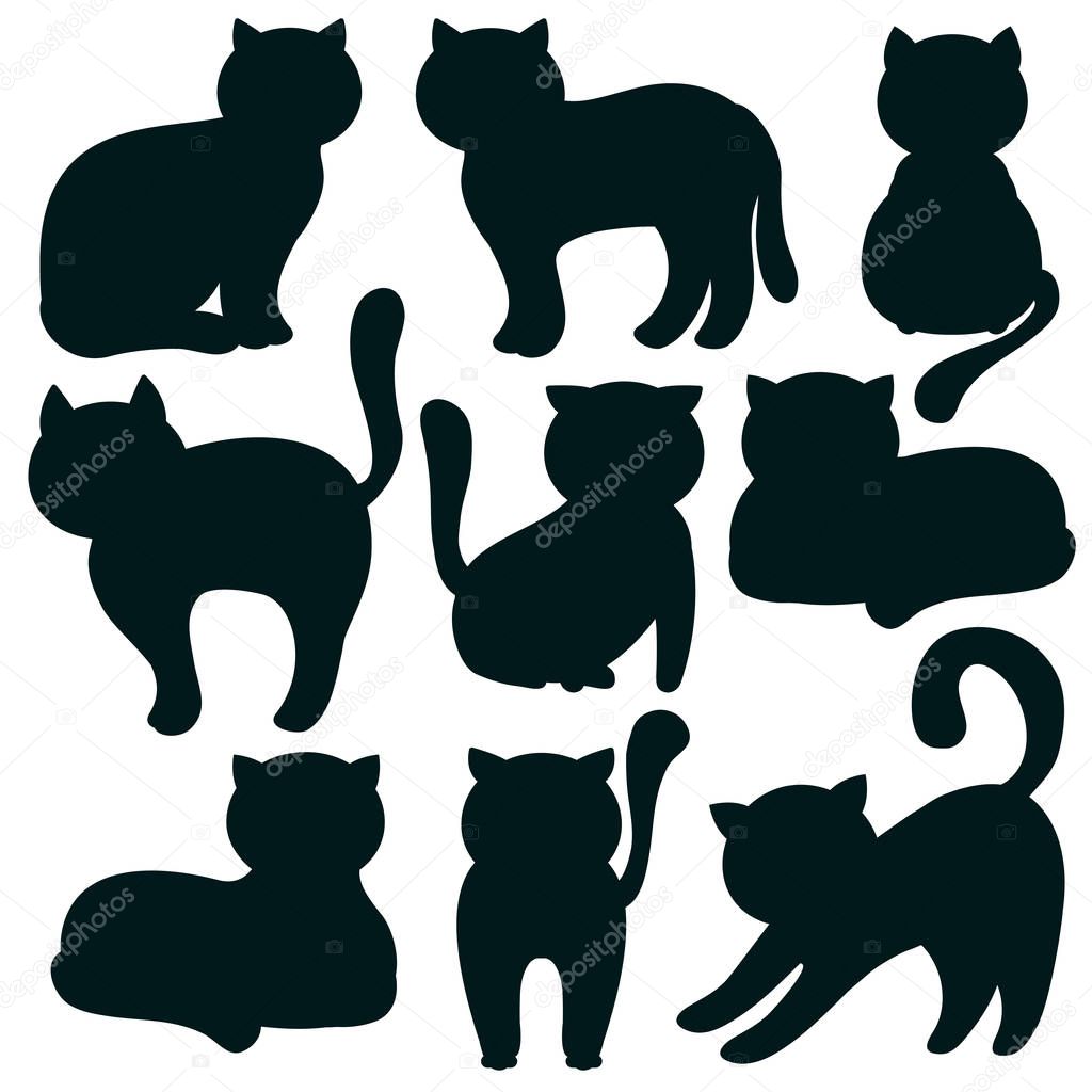 Cat. Set of flat icons of feline silhouettes. Vector illustration. Kitty, Pets. Black outlines on white background.
