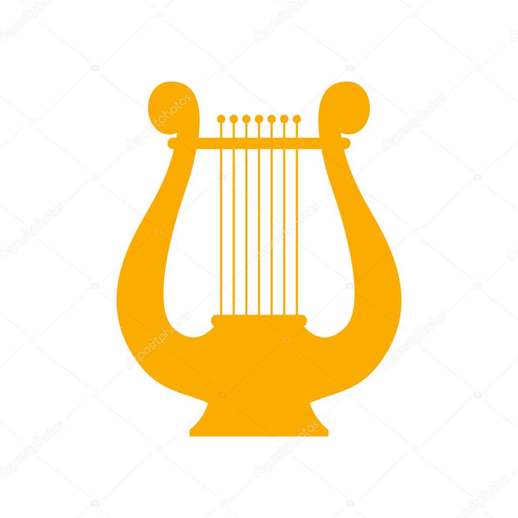 Icon lyre, a stringed musical instrument. Vector illustration. Golden silhouette on white background. Art, music, poetry.