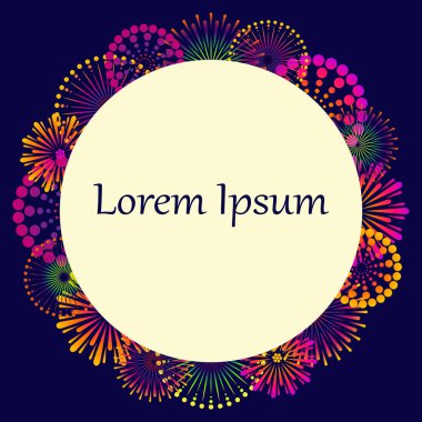 Gece gökyüzünde havai fişek ile şenlikli arka plan. Bir tatil, kutlama tebrik kartı. Vektör çizim.