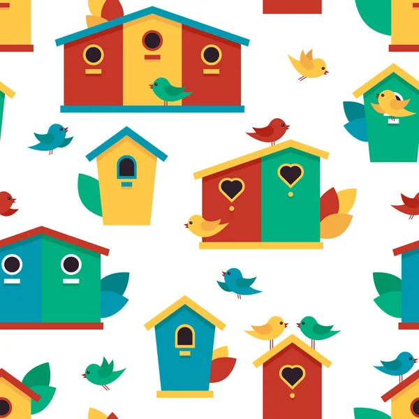 Wzór Birdhouses Ptaków Białym Tle Ilustracja Wektorowa — Wektor stockowy