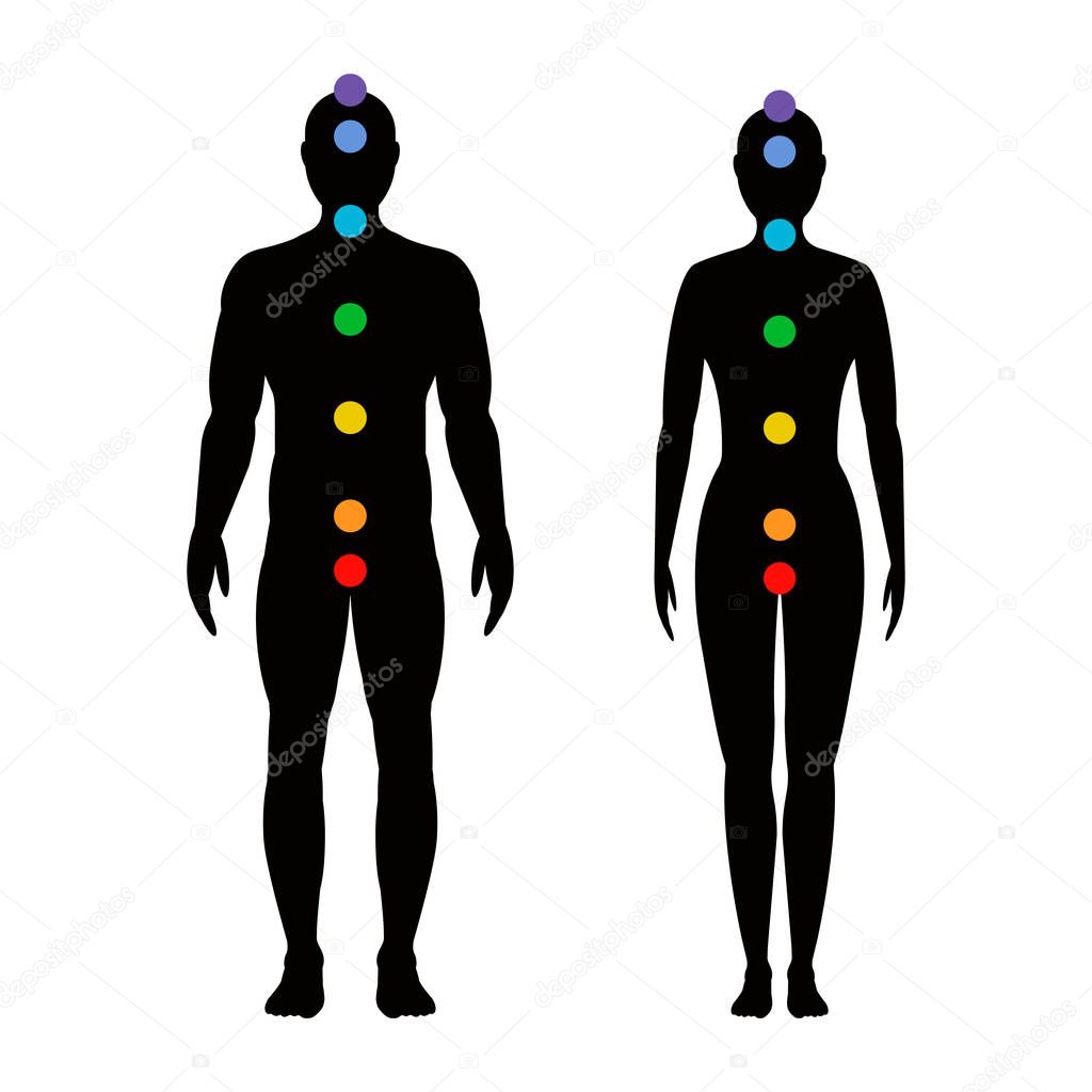 chakras on the body. Silhouettes of men and women with seven colored sacred points. Vector illustration.